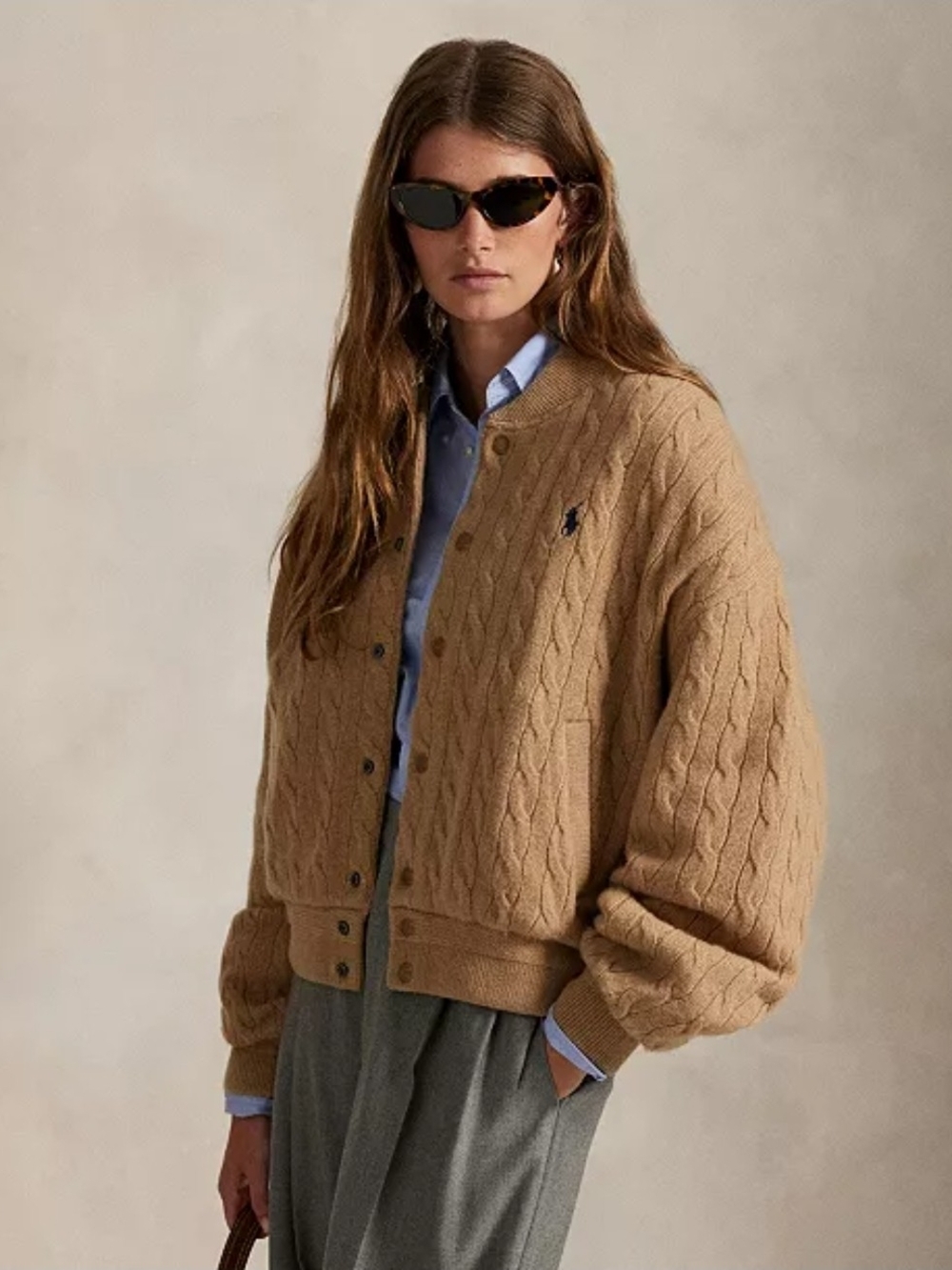 Polo Ralph Lauren Wool Cashmere Womens Cable-Knit Tan Bomber Jacket Pony Logo XS